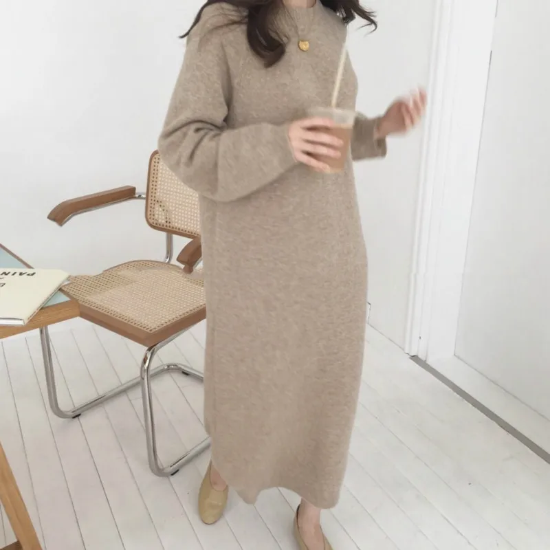 Women Autumn Winter Long knitted Sweater Dress Female Pullover Long Sleeve Straight Oversized  Round Collar