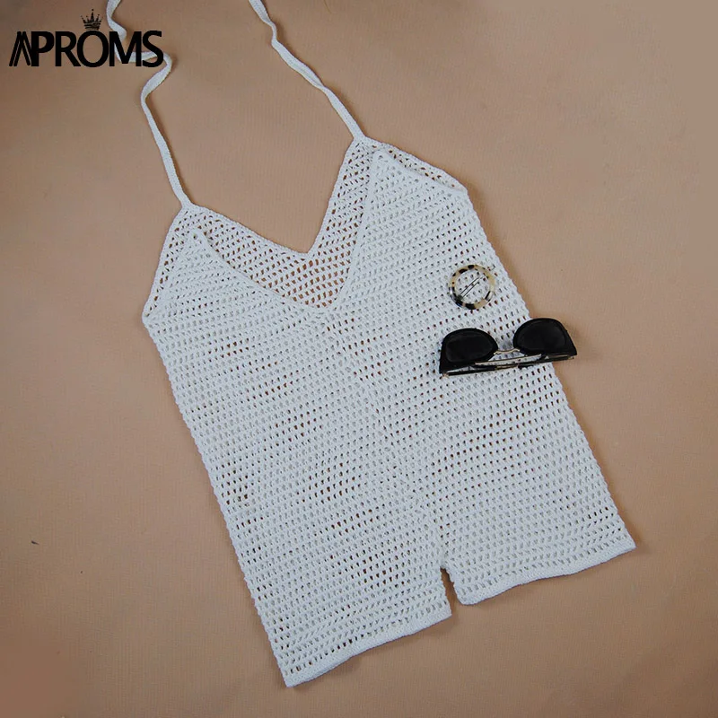 Aproms, элегантный белый, черный, глубокий Vneck, ручная работа, хлопок, вязанные крючком комбинезоны, Женский Летний комбинезон,, пляжный короткий комбинезон