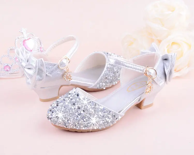 Girls sandals high heels spring and summer rhinestones bow princess Performance /wedding crystal single shoes shiny silver