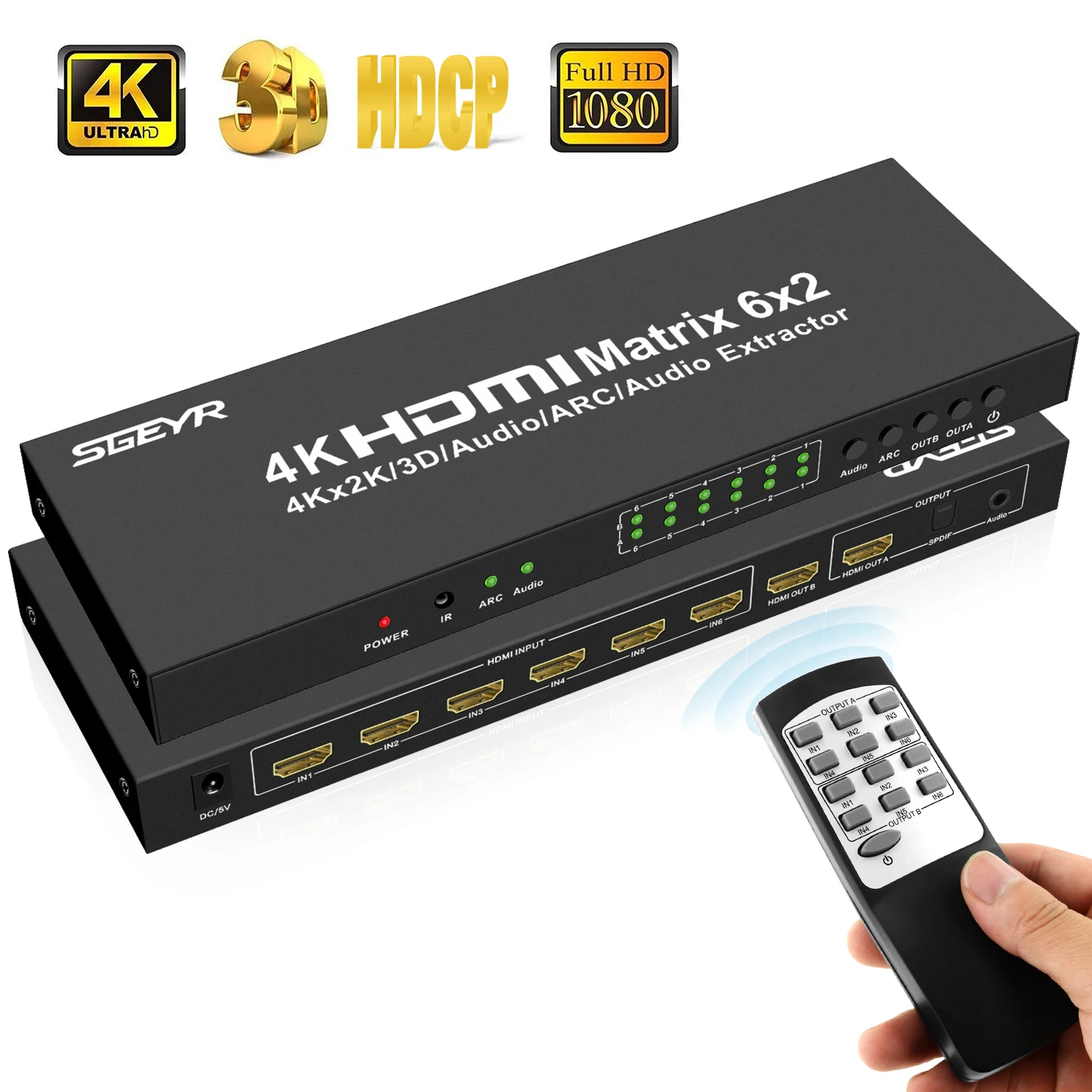 6x2 HDMI матричный коммутатор 4K x 2K 6 in 2 out HDMI Матричные мониторы сплиттер коммутатор с пультом дистанционного управления SPDIF+ 3,5 мм аудио экстрактор