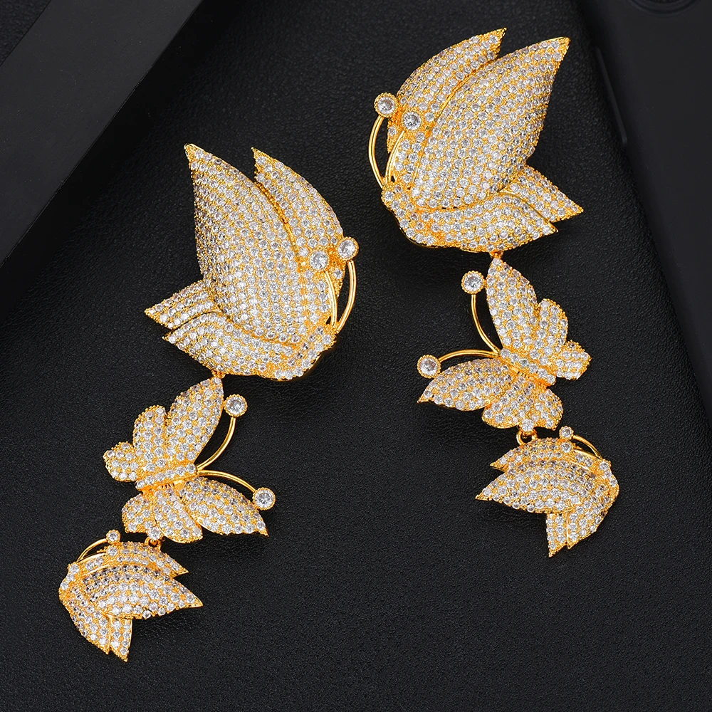 Godki роскошный бабочка длинные висячие серьги для женщин Свадебные кубический циркон Кристалл CZ Дубай Свадебные серьги-кольца, модные ювелирные украшения