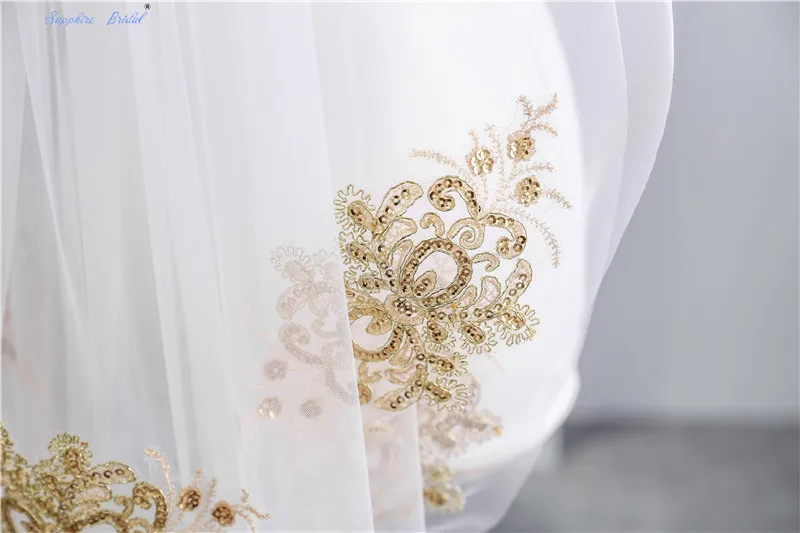 Sapphire Bridal 2 яруса короткая Тюлевая Фата Velo De Novia белая бежевая вуаль золото кружево Тюль Локоть Длина Фата для невесты горячая распродажа