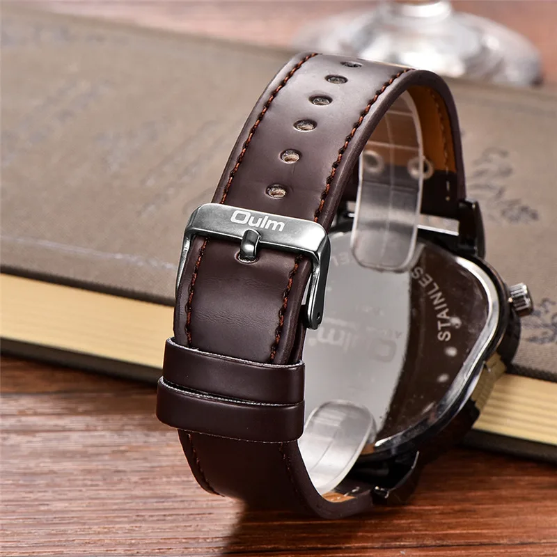 

Oulm HP9591 Black Case Two Time Zone Watches for Men Unique Design Male Quartz Wristwatch Casual Men's Sport Watch