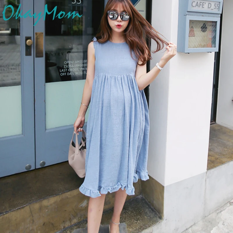 

Korean Causal Loose Maternity Dress Clothes Blue Pink Linen Dresses For Pregnant Women Pregnancy Wear Summer Clothing 2020