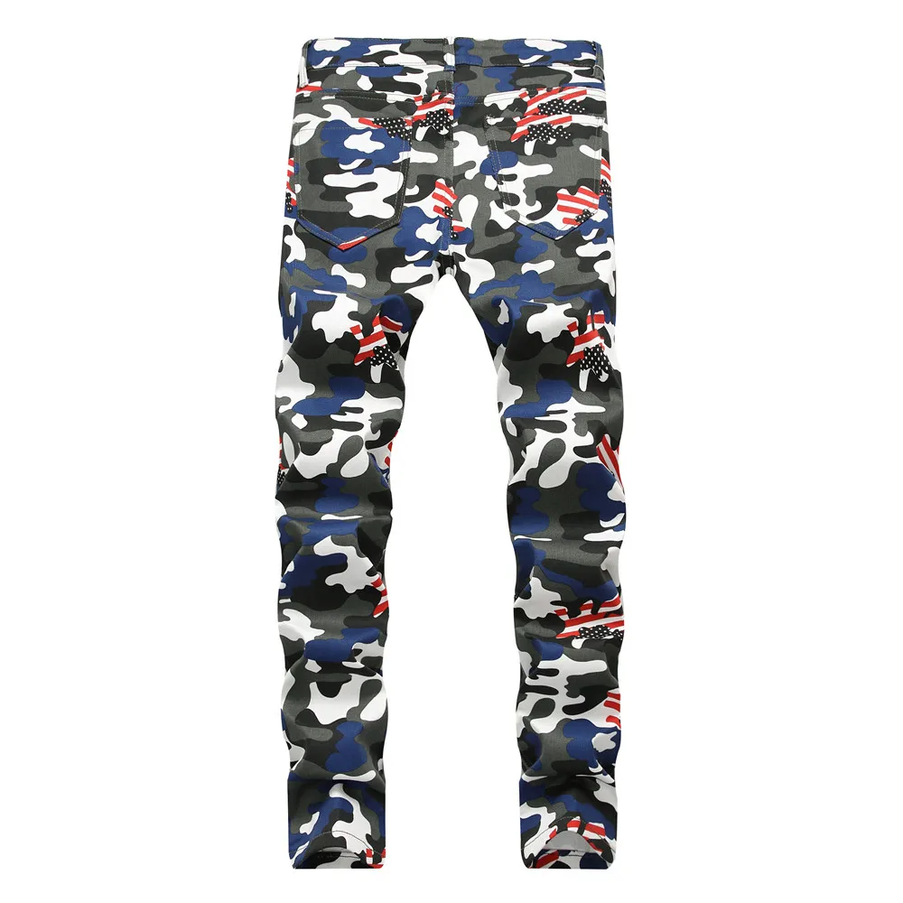 Men's Camouflage UK USA Flag Print Jeans Men Slim Skinny Printed Biker Jeans Casual Hip Hop Denim Pants Drop Shipping 13 colors