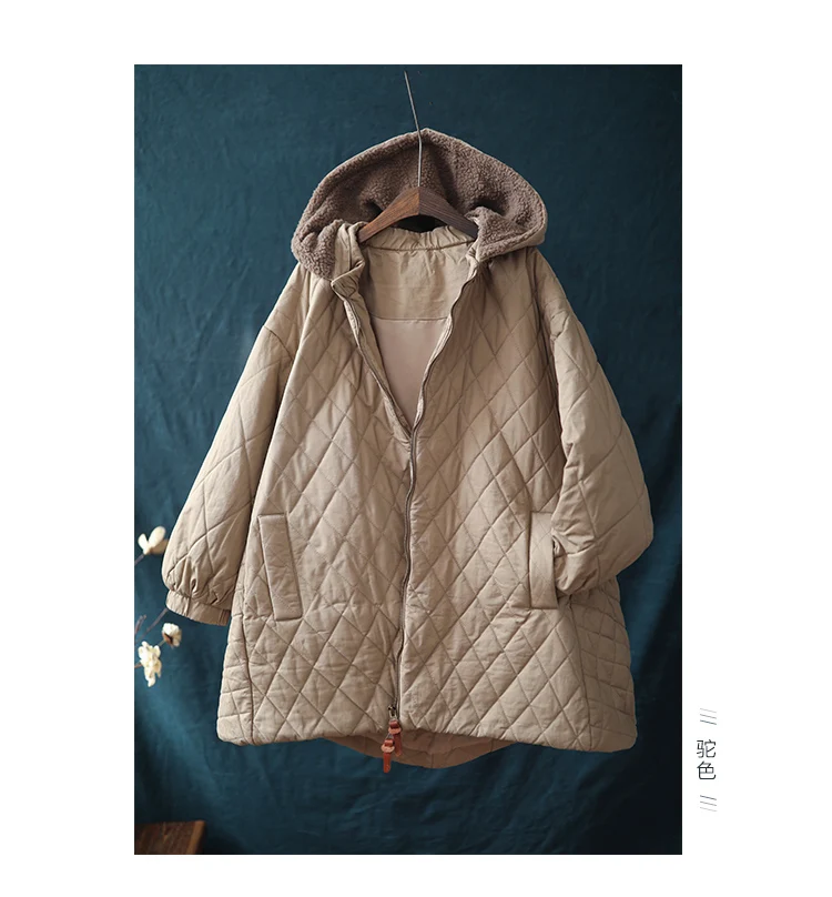 Camel Johnature, женские парки трапециевидной формы с капюшоном, свободные пальто, зима, новинка, на молнии, с длинным рукавом, теплые, плюс размер, женская одежда, однотонное пальто - Цвет: Camel