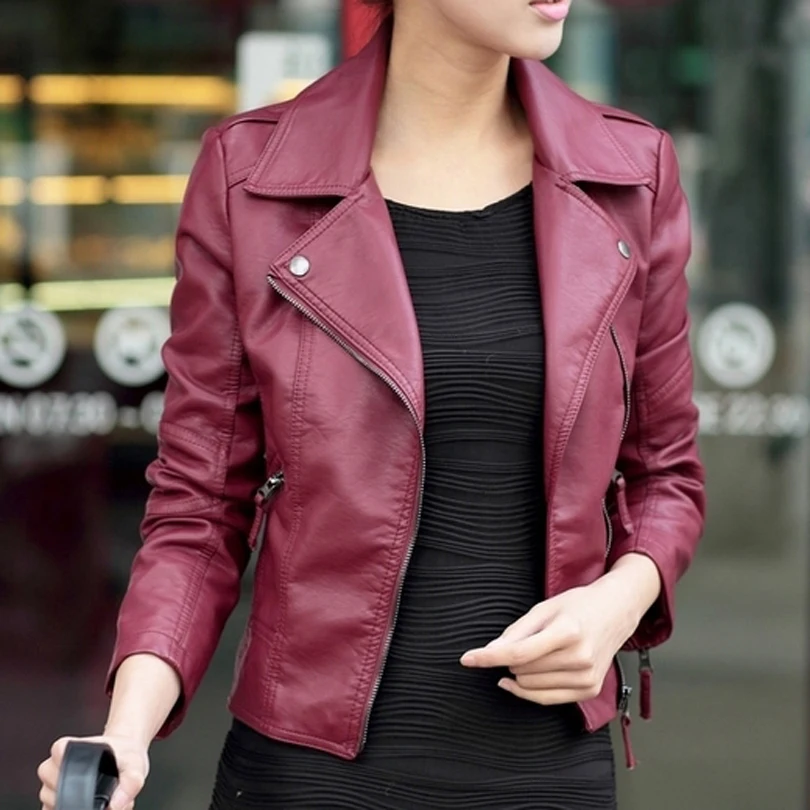 Женская кожаная куртка Perfecto Femme Cuir черная красная модная на молнии женские