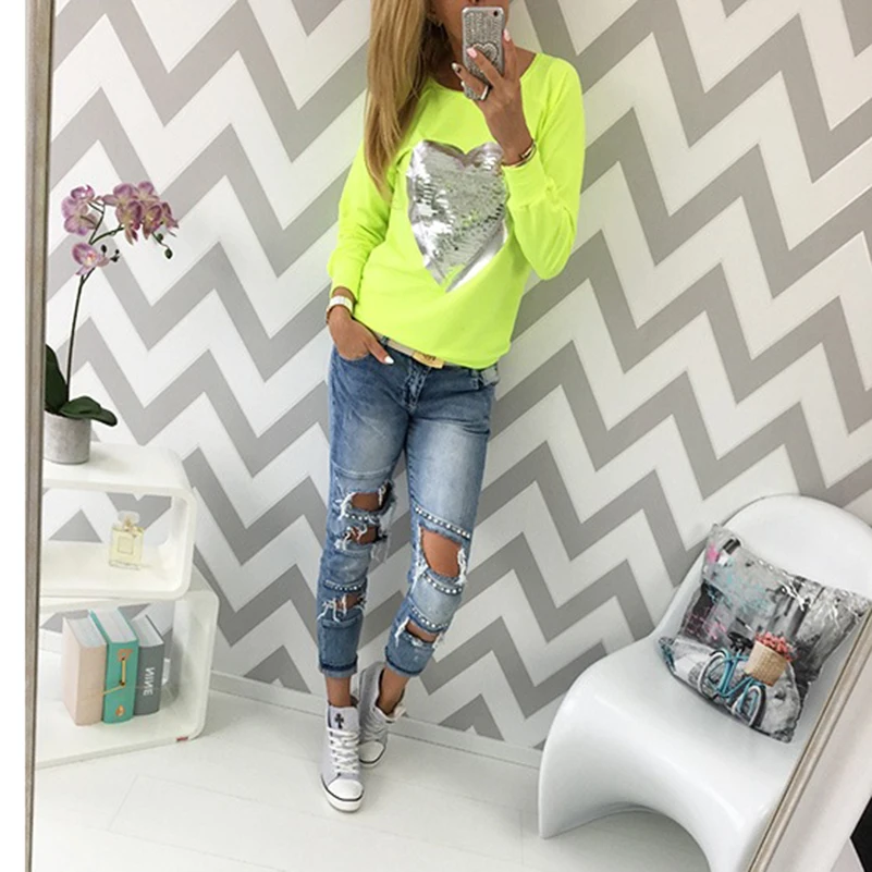 2017 модная Осенняя футболка для женщин топ с блестками в форме сердца круглый