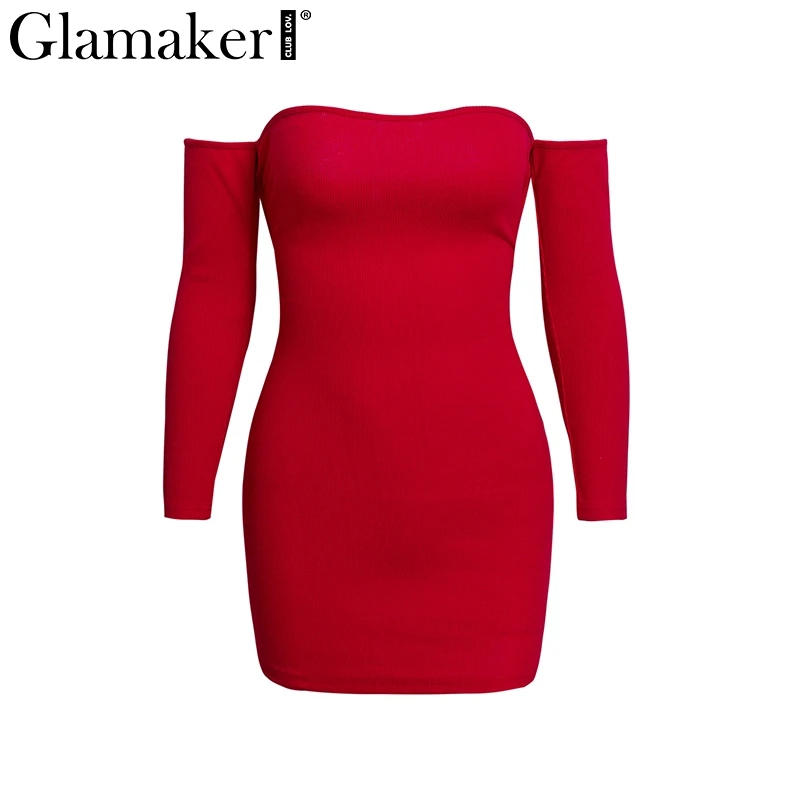 Glamake, сексуальное трикотажное облегающее платье с открытыми плечами, женское, с открытой спиной, на шнуровке, мини-платье, элегантное, женское, Осеннее, вечерние, Клубное платье, vestido - Color: Red