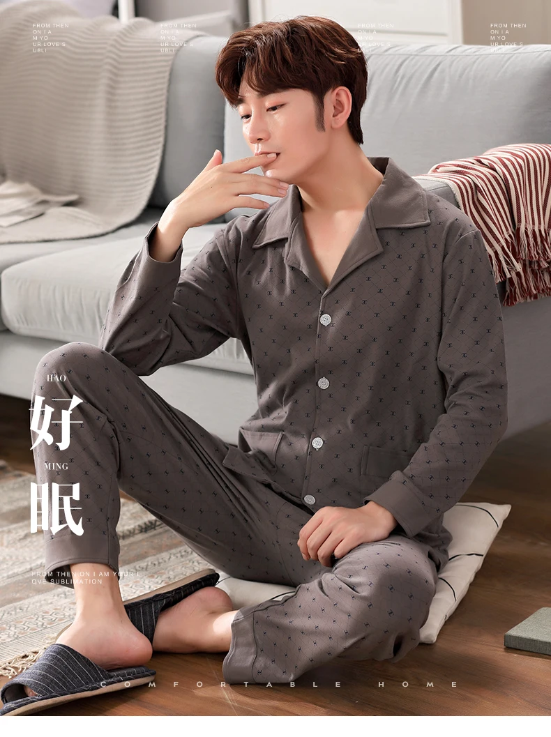 Sleep Suit Men Spring Autumn Cotton High Quality Brand Pajama Set Men Long Sleeve Blue Color Stripe Sleepwear Pajama Male
