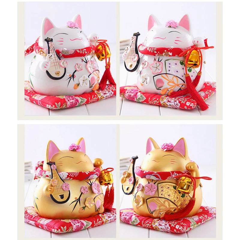 8 дюймов Манеки Неко Керамика Lucky Cat с Лютни Домашний Декор Украшения Творческий