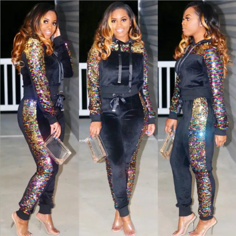 Осень Зима наряды бархат комплект из двух предметов для женщин тренировочный