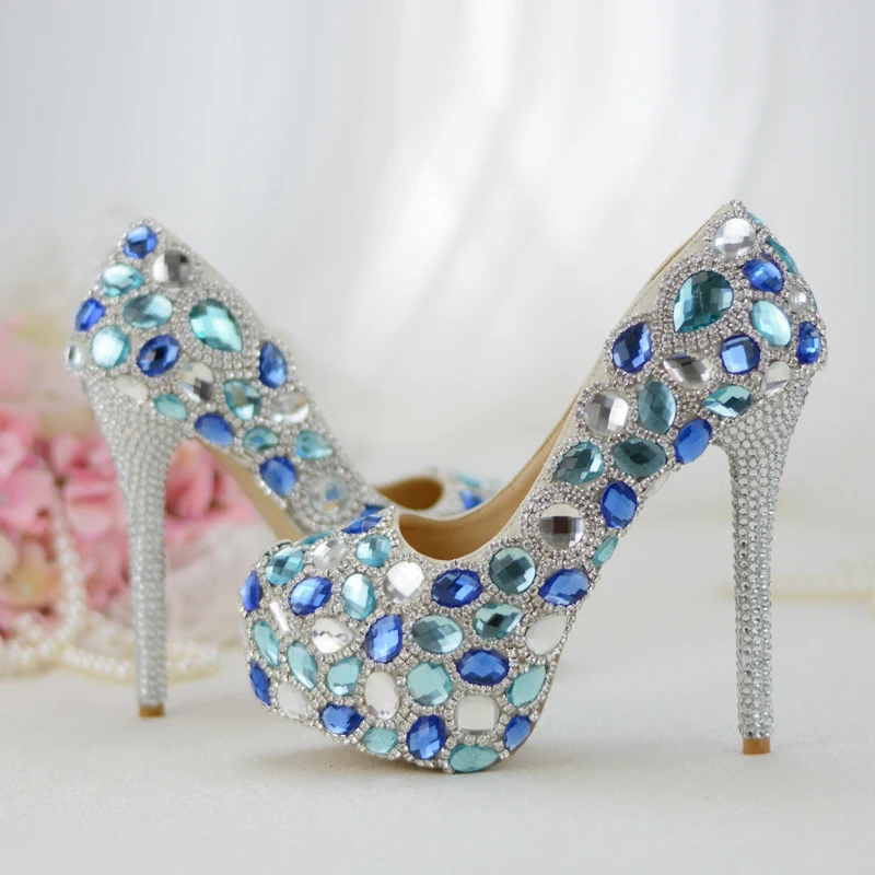 Женские свадебные туфли, высокие туфли невесты, синие кристаллы, вечерние модельные туфли ручной работы, туфли-лодочки на тонком каблуке, же...