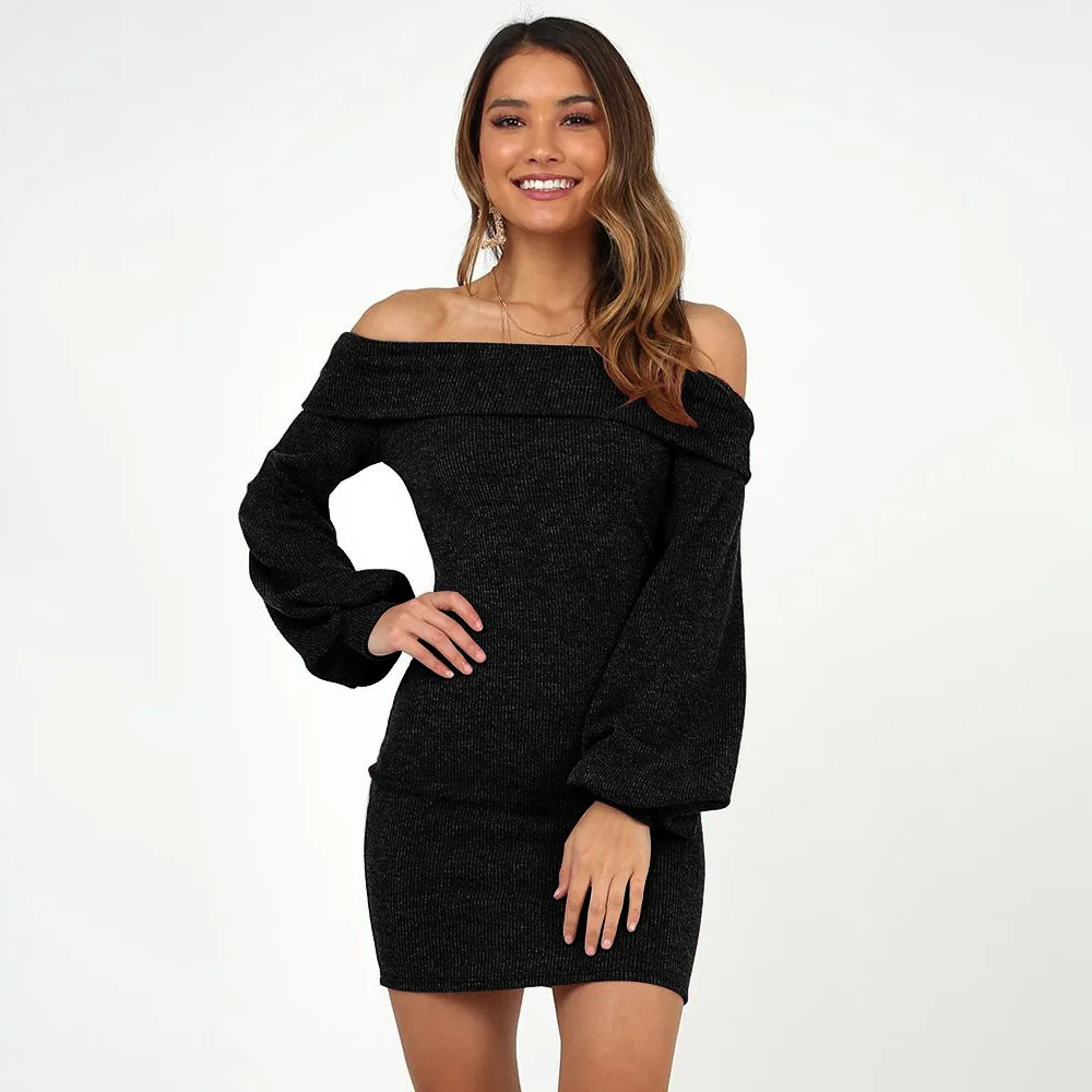 Женское платье с длинным рукавом однотонное вырезом лодочкой и открытыми