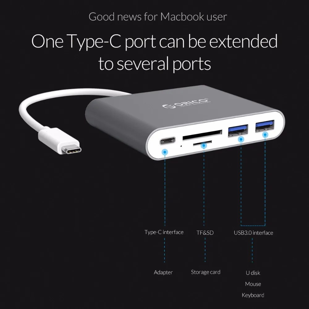 Алюминиевый Концентратор ORICO Type C с кардридером USB3.1 Gen1 2 портами USB 3 0 поддержка