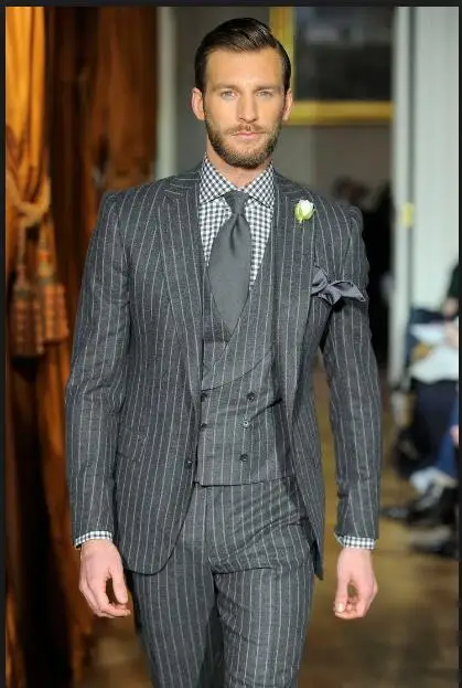 

Latest Coat Pant Designs Smoking Grey Stripes Men Suit Slim Fit 3 Piece Tuxedo Custom Prom Blazer Groom Suits Terno Masculino