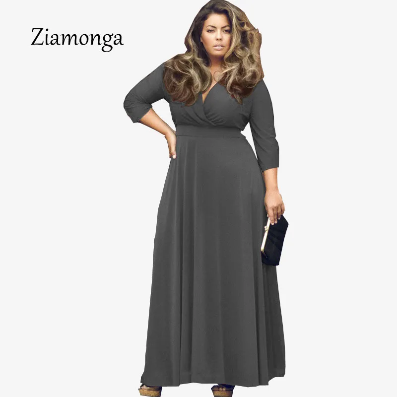Ziamonga 3XL размера плюс Повседневное платье сексуальное женское Макси платье женское длинное однотонное с v-образным вырезом элегантное вечернее длинное платье