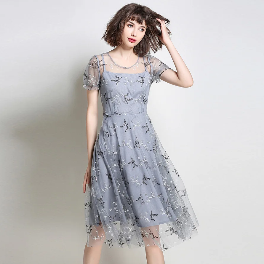 Лето 2017 г. платье Для женщин Boho офисные Вышивка Винтаж оборками Сексуальная