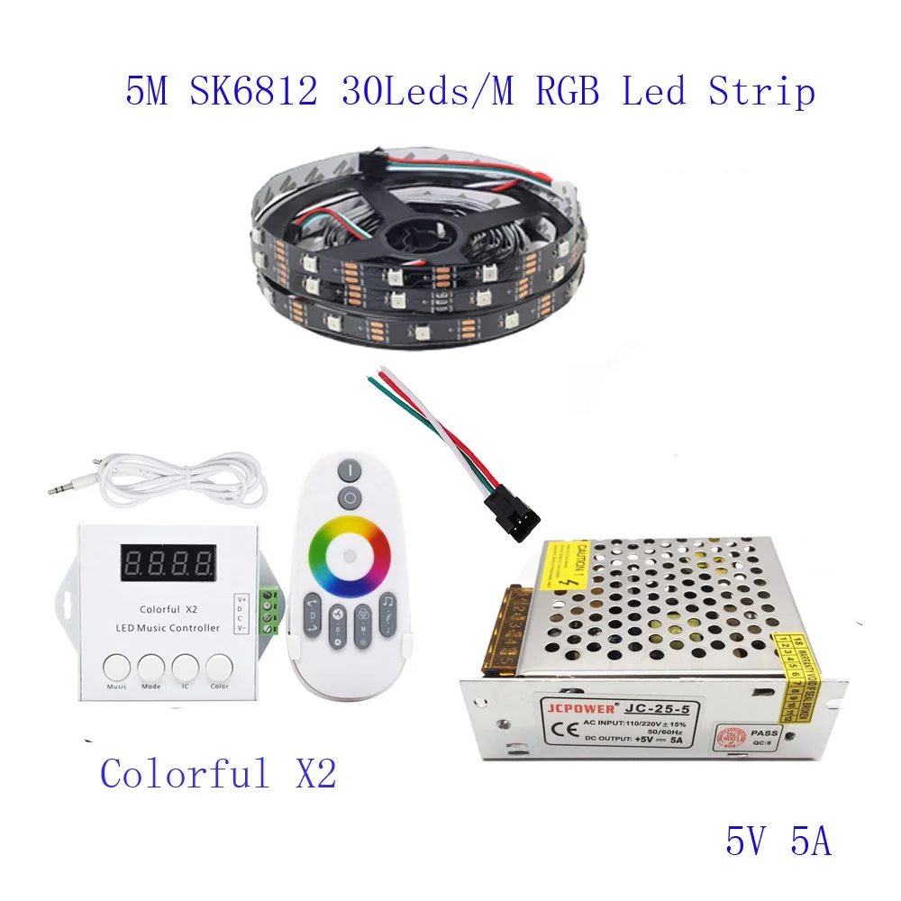 5M Led Strip Set 25 м 20 м 15 м 10 м 5 м WS2812B Светодиодная лента WS2812B IC 30 светодиодный s/M RGB умная Пиксельная полоса+ Красочный X2 светодиодный контроллер+ светодиодный источник питания - Испускаемый цвет: 5M Led Strip Set