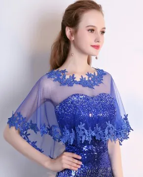 Autumn Summer Lace Bride Wedding Bolero Elegant bridal Opera Evening Party Prom Costume Capes Ivory Red Black Jackets Women Wrap - Цвет: Синий