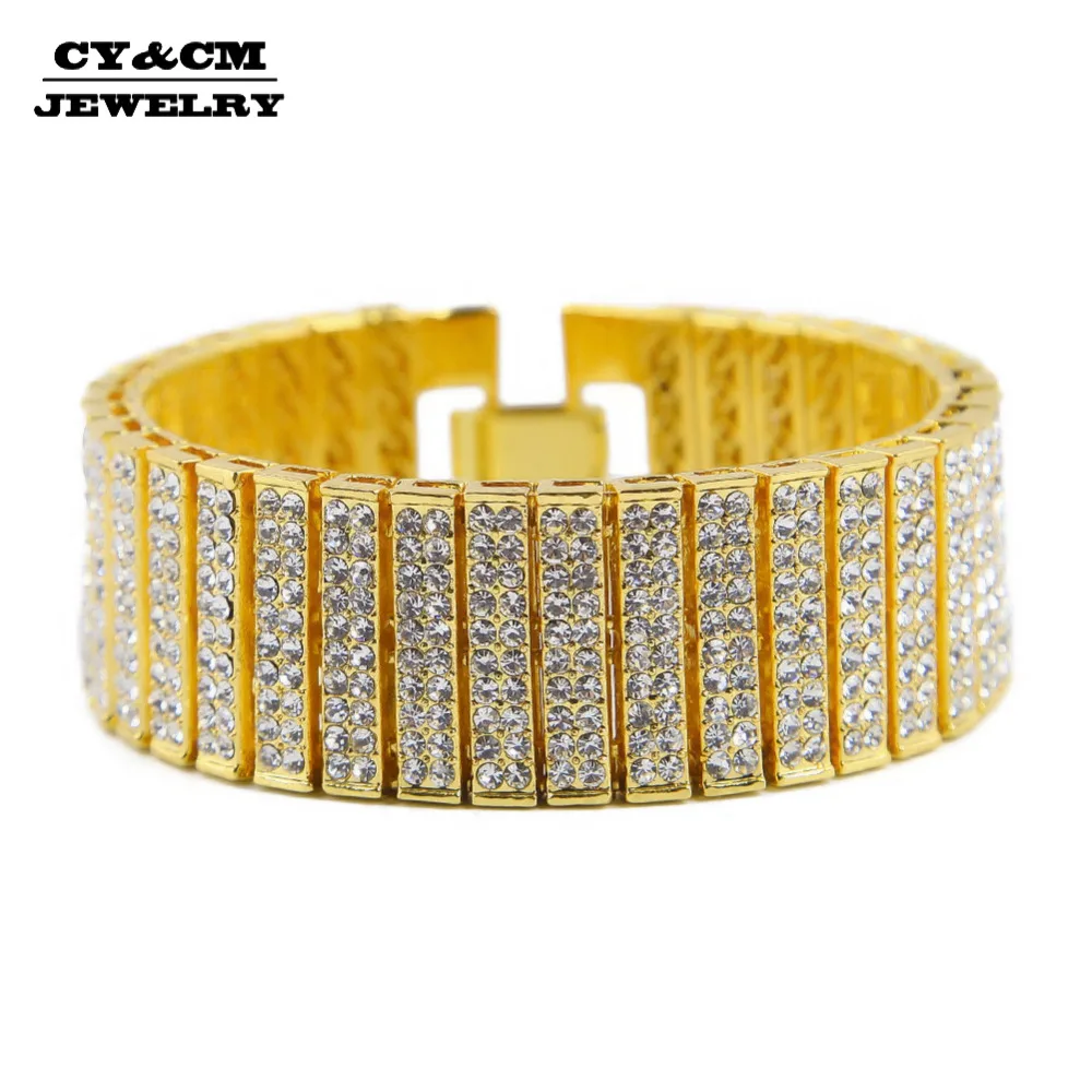 

CY&CM Men Hip hop Bracelet Bangle Alloy Gold Color Bling AAA Zinc Rhinestone Crystal Tennis Bracelet Chain Fashion Punk Jewelry
