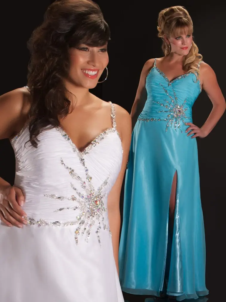 Charming New Plus Size White Sky Blue Spaghetti Strap Sheath Crystals Slit Pleat Satin Long Prom Dress/Party Dress | Свадьбы и
