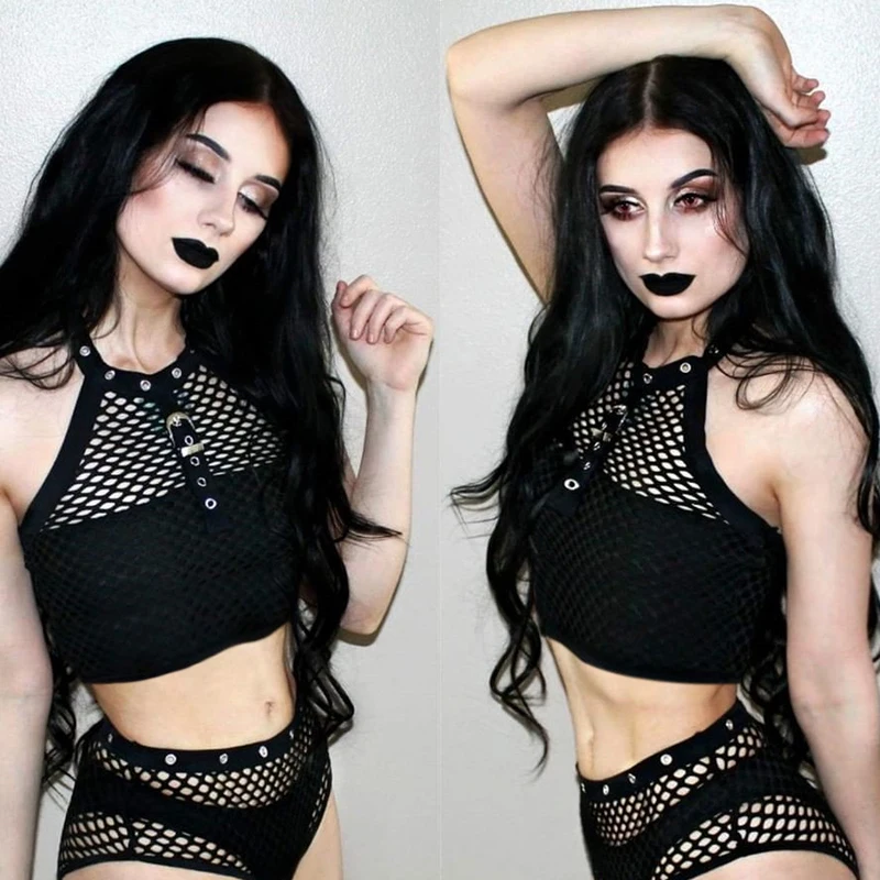 Топ женский сетчатый в готическом стиле с металлическими пуговицами и открытой