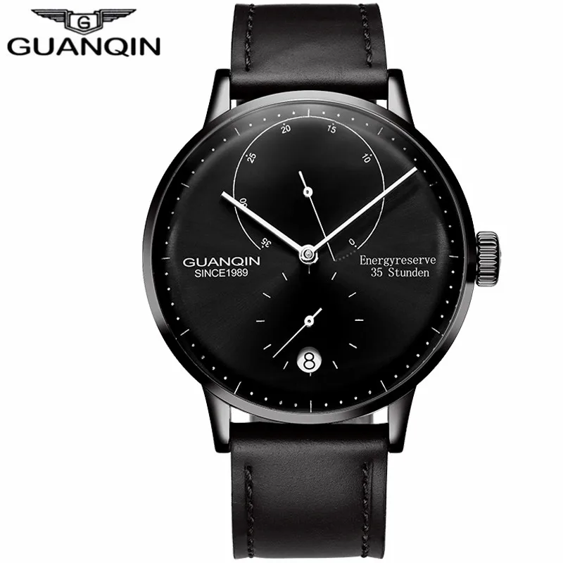 Black Black GUANQIN мужские часы Топ бренд класса люкс Автоматическая Дата мужские повседневные модные часы водонепроницаемые из натуральной кожи механические наручные часы - Цвет: Black Black
