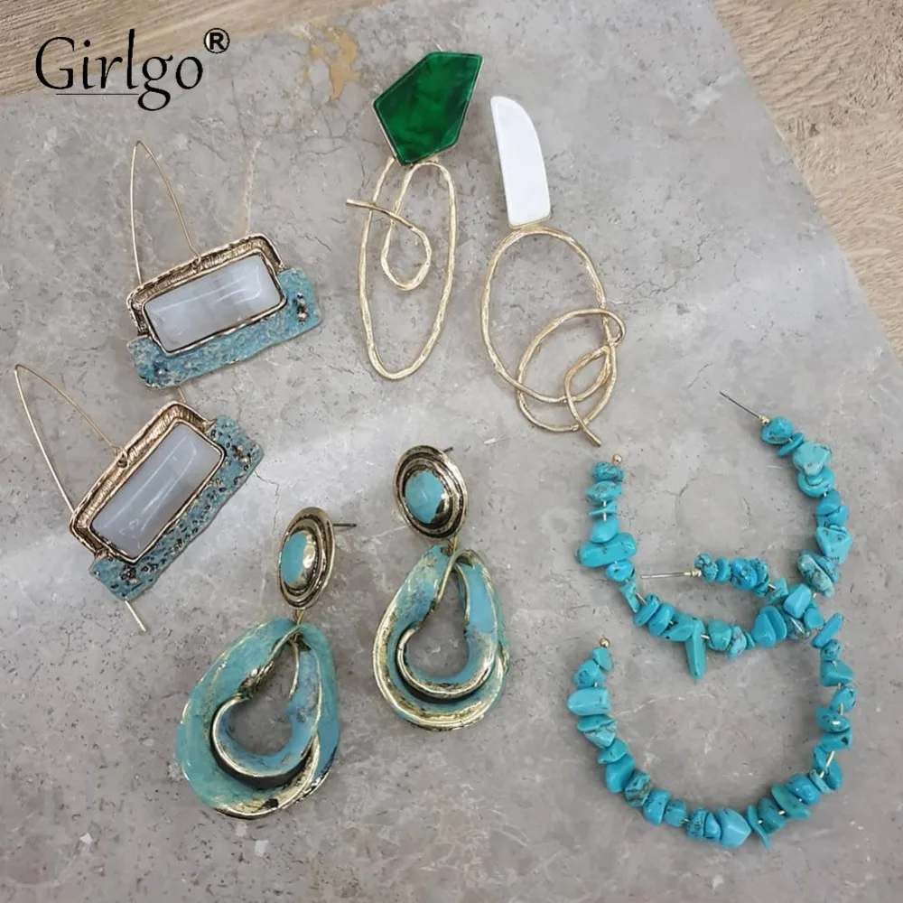 Серьги Girlgo ZA, Украшенные бусинами и голубым камнем, металлические Макси серьги-капли, женские вечерние ювелирные изделия, модное, в стиле бохо, ручная работа, свадебные ювелирные изделия, подарки