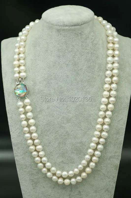 

2rows freshwater pearl necklace near round 8-9mm wholesale beads 22-24inch nature abalone clasp