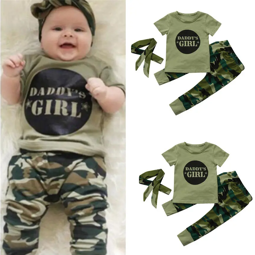 Комплект камуфляжной расцветки для новорожденных девочек 1 Топ + штаны повязка на