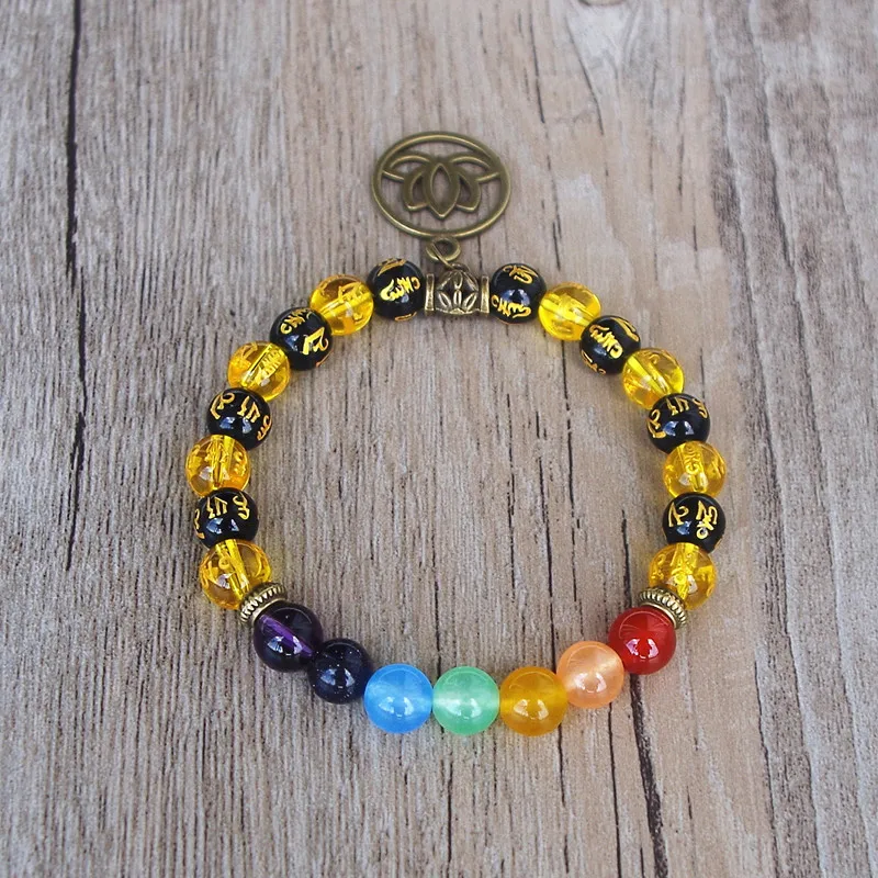 Женский и мужской браслет из семи чакр буддизм Ом Мани Падме ГУМ бусы Лотос