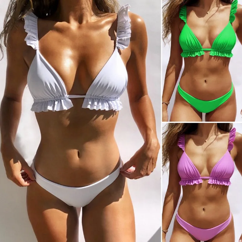Sexy Solid Color Ruffled Bikini Back Tether Swimsuit Female Separate Holiday Women's Swimming Suit European and American Style | Женская