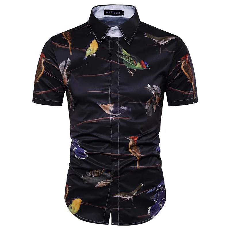 Mens Hipster Bird Print Beach Hawaiian Shirt 2018 Casual Slim Fit Short Sleeve Camisa Hawaiana Men Casul Brand Dress Male | Мужская