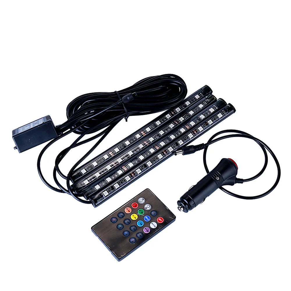 4 шт. 12 В автомобиля RGB светодиодные ленты автомобиля Гибкая бар 5050SMD Интерьер Декоративные Атмосфера стикеры полосы дистанционное управление для автомобиля RGB свет