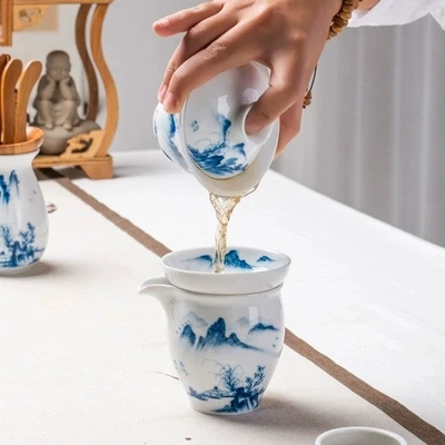 Ручная роспись пейзаж белый фарфор Чайный набор кунг-фу чай Gaiwan Чайник дома