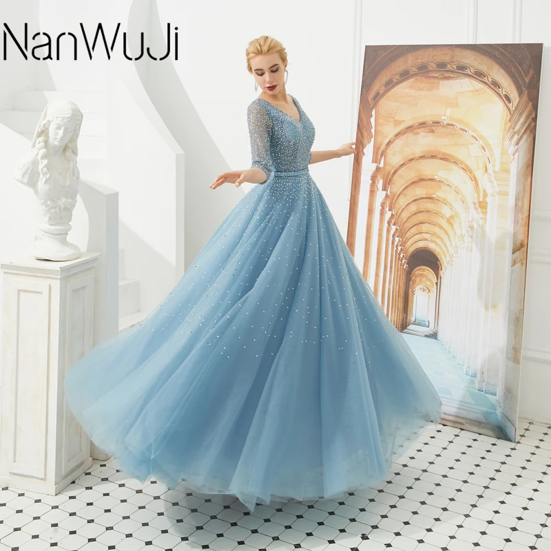 

Arabic Dubai Couture Muslim Evening Dresses Blue Beaded Party Gowns Half Sleeve Vestido De Festa Islamic Formal Dress