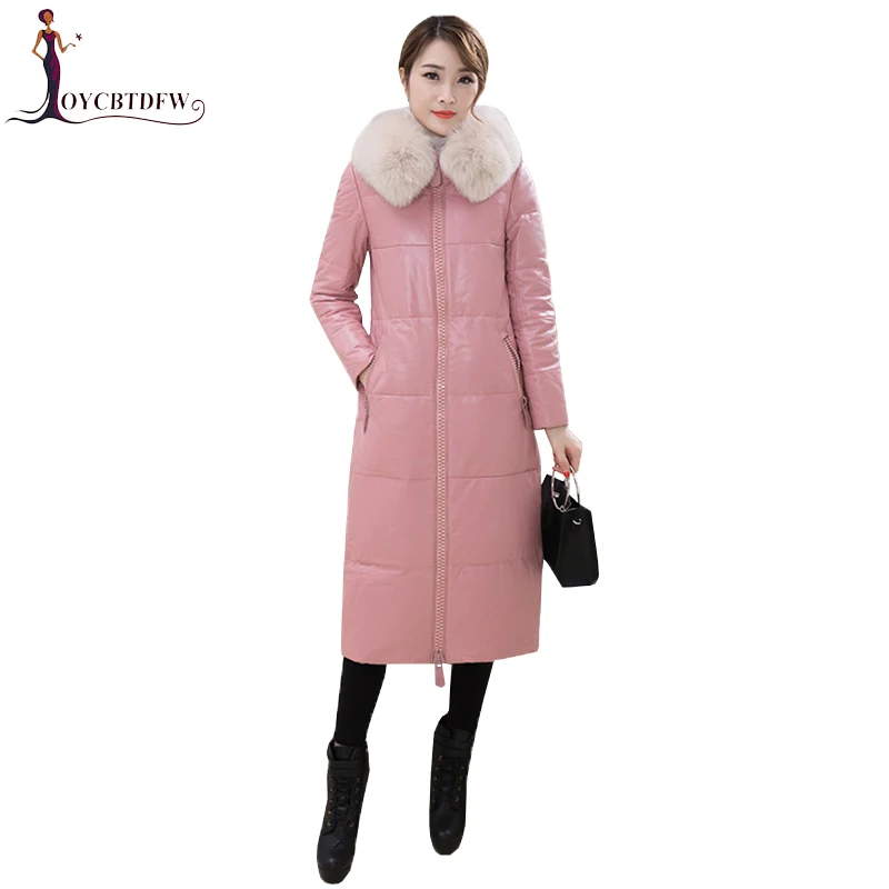 Новый зимний кожаный пуховик для женщин длинная парка 2018 модная с капюшоном