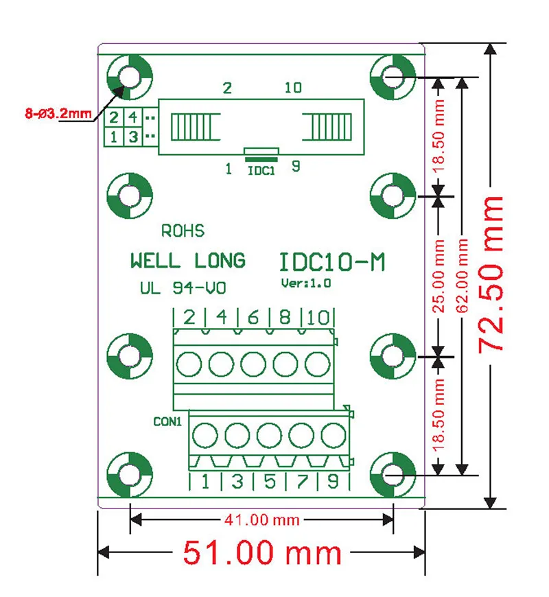 IDC10 2x5 Pins 2,54 мм Женский Заголовок Breakout совета, клеммный блок, разъем