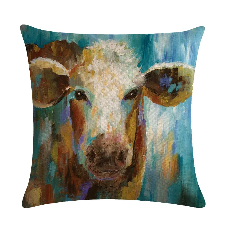 Наволочка с изображением коровы петуха Геометрическая искусственная льняная
