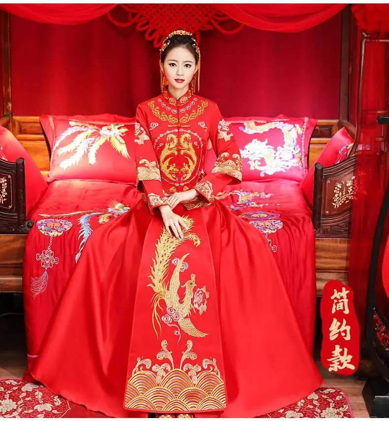 Oversize классический невесты свадебные Cheongsam китайский стиль вышивка феникс Qipao Восточный Национальный для женщин брак костюм 3XL 4XL - Цвет: Phoenix 2