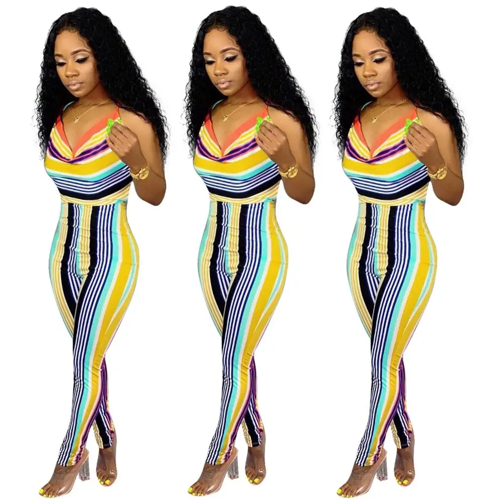 

Colorful Striped Halter Backless Bandage Skinny Corset Women Jumpsuits Summer Beach Rompers Female Playsuits