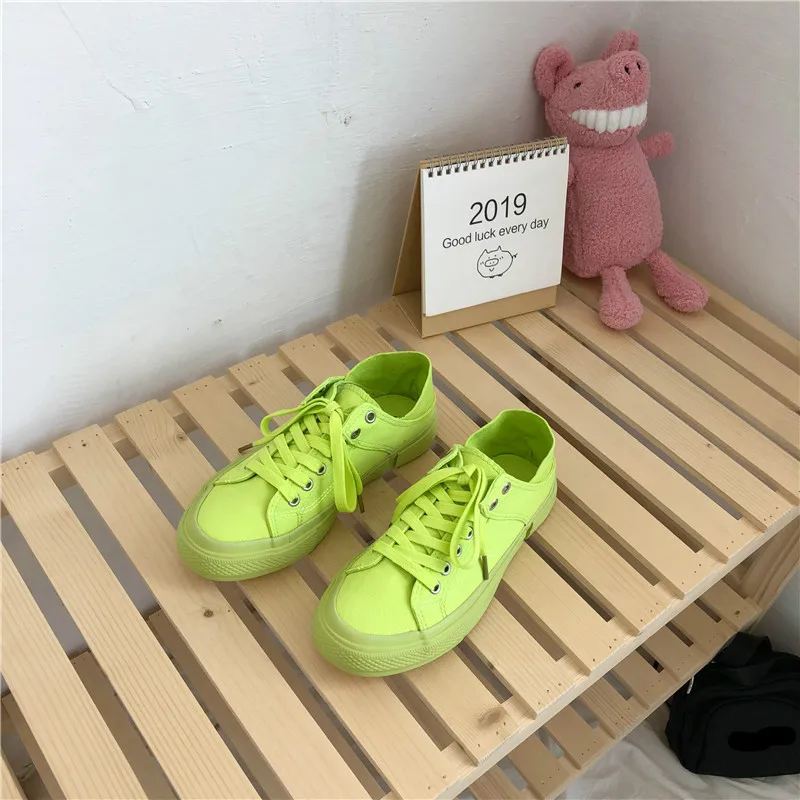 women canvas shoes fluorescent green girls pink sneakers cloth shoe spring autumn solid color lace up low up white trainer 35-40