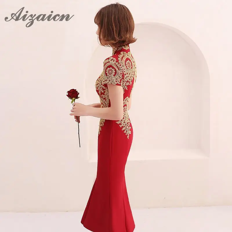 Женское винтажное платье-Ципао с юбкой-годе красное платье в традиционном