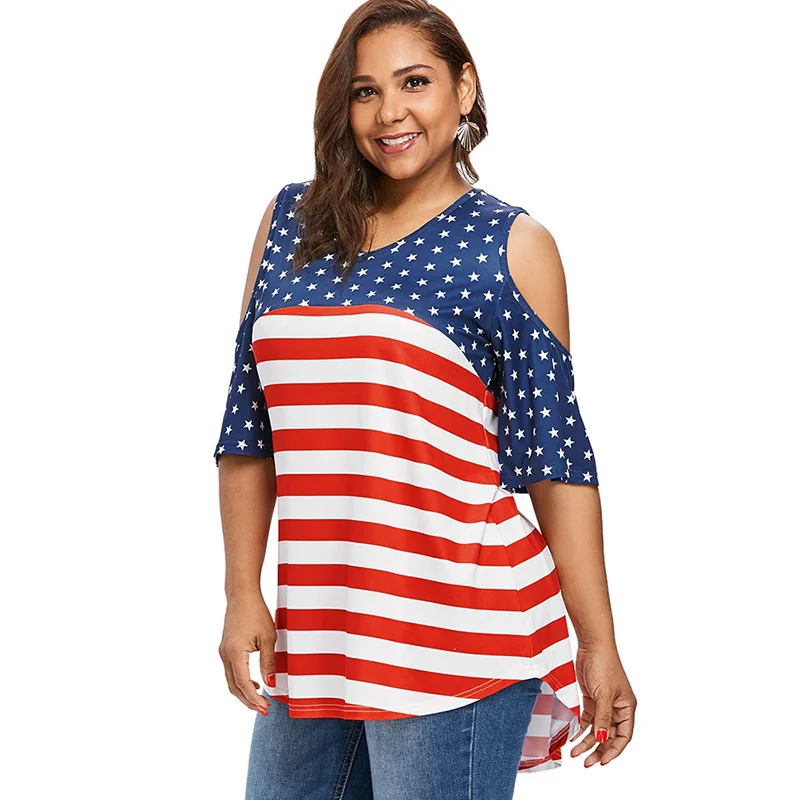 PlusMiss плюс размер 5XL 4XL Футболка с холодным плечом и флагом США Женская летняя