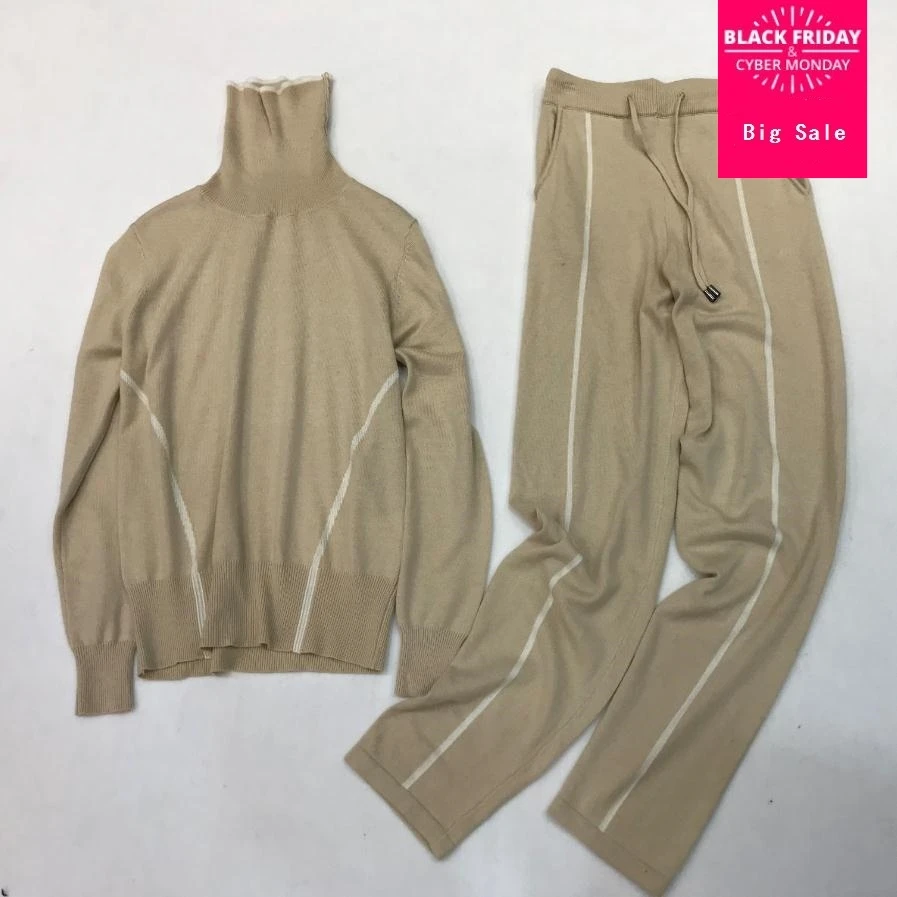 

Cashmere + Woolen Knitted warm sets high collar Velvet Sweater + Mink Cashmere Trousers Leisure Two-piece elastic suits wq103