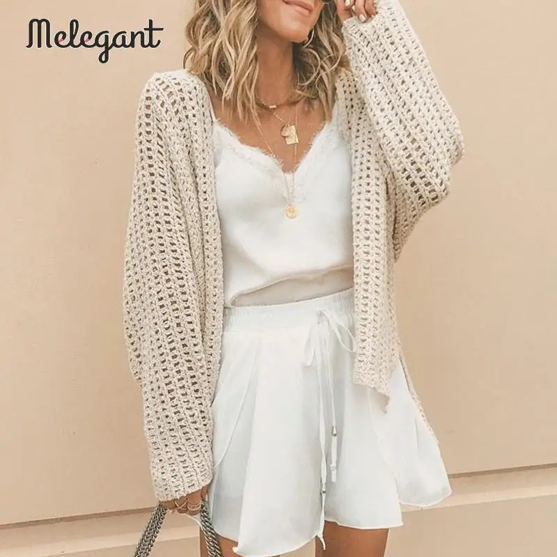 Melegant Autumn winter 2019 Casual Women Cardians Sweater Hollow Out Solid White Cardigan Female Knitwear Plus Size |