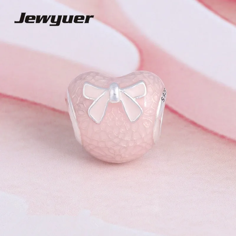 New Valentine's Day Pink Bow &amp Lace Heart charms 925 Sterling Silver beads fit charm Bracelets DIY fine jewelry Jewyuer BE435 |