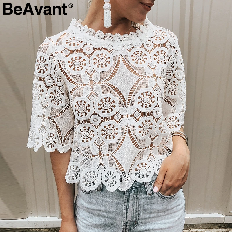 BeAvant вышивка кружево белая блузка для женщин сексуальная выдалбливают короткий