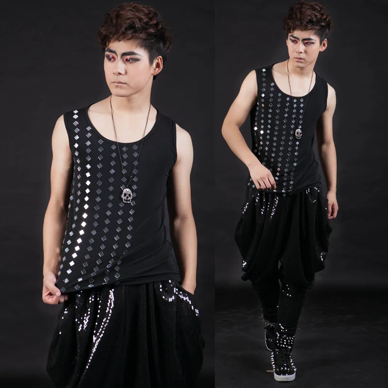 

New Black Men's Vest Costumes Nightbar Male Singer DJ Vesseled Lens Vest Party Stage Show Jazz Dance outfit